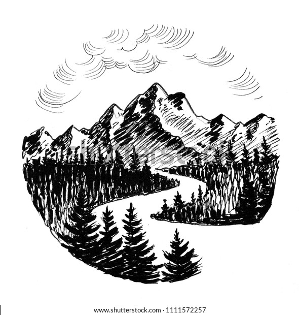 Mountain Landscape Ink Black White Drawing Stock Illustration 1111572257