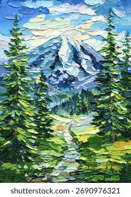 Mountain Landscape with Pine Trees and Path, Textured Impasto Oil Painting, Blue Sky Scenic Nature Artwork, Mount Rainier
