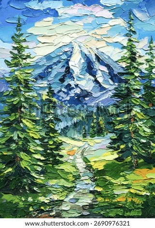 Mountain Landscape with Pine Trees and Path, Textured Impasto Oil Painting, Blue Sky Scenic Nature Artwork, Mount Rainier