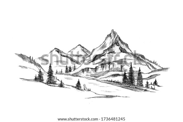 山の風景スケッチ 山川木 白い背景に白黒のグレースケール横長 鉛筆で描いた手 グラフィックスタイルの岩山 のイラスト素材