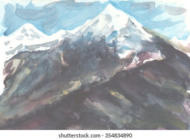 mountain landscape: snow  capped mountains  mountain range  watercolor 
