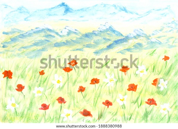 Mountain landscape with valley and flowering\
poppies in the fore. Rural scene with field of red poppy flowers,\
hills, floating clouds in sky. Calm summer countryside landscape.\
Field of\
poppies.
