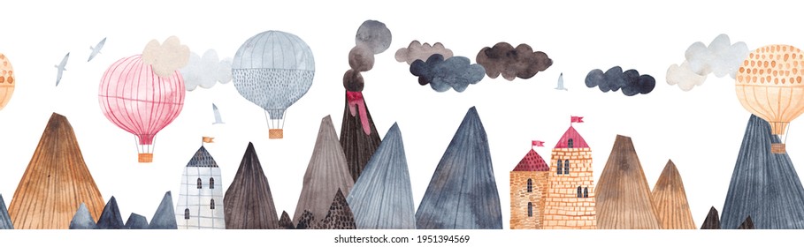 Mountain Landscape With Volcano, Fortress And Balloons. Adventure In The Mountains. Balloon Flight Over The Rocks. Horizontal Border. Seamless Pattern.