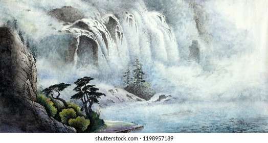 mountain landscape with a waterfall and trees