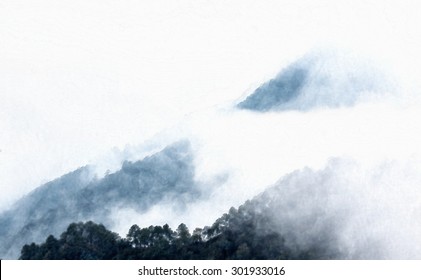 Mountain in the mist by water painting style