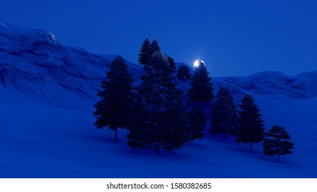 Mountain at Night in Winter  3D Rendering