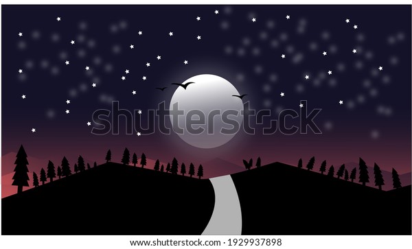 Mountain path night view\
and moonlight