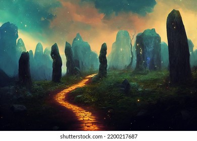 Mountain Path, Spiritual Path. Digital Artwork And Illustration.