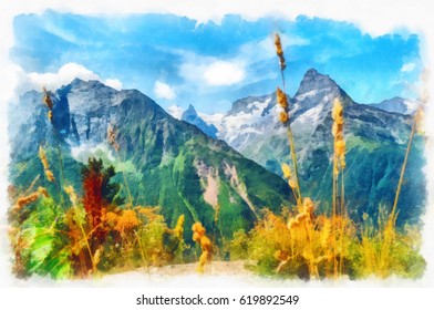 Mountain peaks and blossoming alpine plants in the Caucasus mountains. Mountain peaks watercolor painting