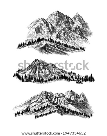 Mountain with pine trees and landscape black on white background. Hand drawn rocky peaks in sketch style. 