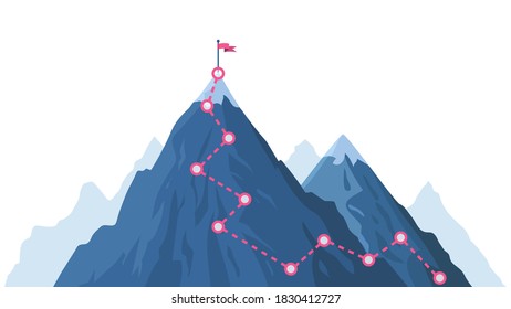 Mountain Progression Path. Climbing Progress Route, Mountain Peak Overcoming, Mountain Climbing Path With Red Flag On Top  Illustration. Way Path Infographic, Progress Way To Peak