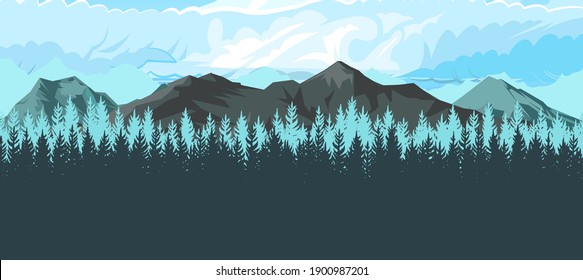 Mountain range with cliffs, rocks and peaks. Sky with clouds. Landscape with coniferous forest, taiga. Pine trees, ate.  Illustration