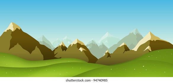 Mountain Range/ Illustration Of A Cartoon Mountain Range Landscape In Spring, Summer Or Winter