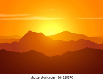 Mountain range over sunset. Raster illustration.
