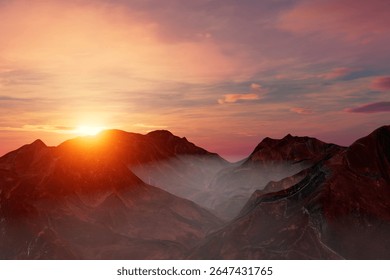 A mountain range with a sun setting behind it. The sky is orange and pink