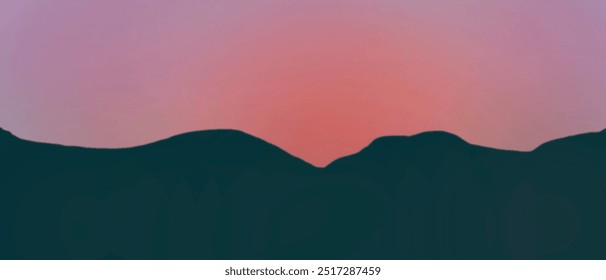 A mountain range with a sunset in the background. The mountains are green and the sky is pink