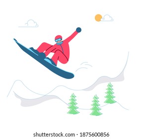 Konzept des Mountain Ski Resort. Snowboarder auf Winterlandschaft. Flat Art Rasterkopie