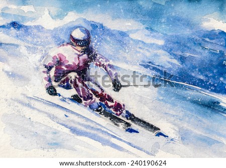 Mountain skier slides from the mountain. Picture created with watercolors.