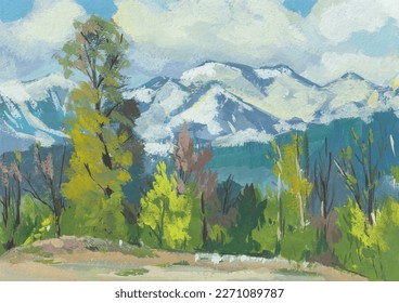 Mountain spring painting  Bright green joyful spring landscape  Snow  capped peaks through the trees  Gouache painting  The author's original postcard  Modern art impressionism  The concept travel
