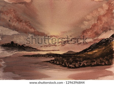 Mountain sunset watercolor painting
