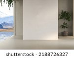 Mountain view empty large living room of luxury house with swimming pool near terrace. Big white wall background in vacation home or holiday villa. 3D Rendering

