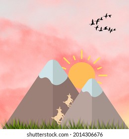 Mountain view with sunset and animals