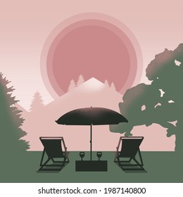 Mountain View With Sunset, Two Chairs, Umbrellas And A Couple Of Wine Flat Illustration 