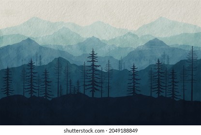 Mountain view wallpaper design, blu monochrome color, mural art, forest, jungle, watercolor texture