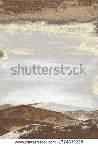 Mountain watercolor painting. Sunrise in landscape. Golden texture. Good for wall print art and background.