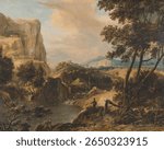 Mountainous landscape with fisherman (1650 - 1692) by Roelant Roghman. Vintage nature landscape painting artwork, old illustration of nature landscape, vintage nature landscape artwork.