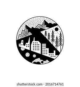 Mountains Adventure Tattoo Design. Summer Crest Logo With Mountain And Urban City Scene. Travel Silhouette Label Isolated. Sacred Geometry. Stock Graphics Emblem