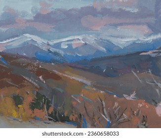 Mountains autumn snow gouache painting  Snow  capped blue mountain peaks against background red  brown forest in late autumn  Modern gouache painting  Realistic art  Illustration  quick sketch