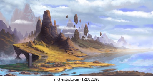 The Mountains. Fantasy Fiction Natural Backdrop. Concept Art. Realistic Illustration. Video Game Digital CG Artwork. Nature Scenery.
