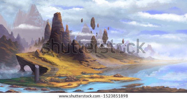 山々 空想小説の自然の背景 コンセプトアート リアルイラスト ビデオゲームデジタルcgアートワーク 自然の風景 のイラスト素材