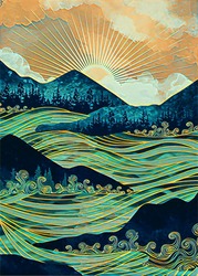 Las Montañas, Incluidas Las Olas Y El Sol, Son Luminosas En Un Bello Arte