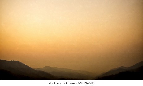 Mountains Layer at sunset time with digital painting water color style, copy space for text