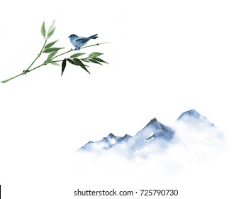 Mountains and little bird on bamboo branch. Traditional oriental ink painting sumi-e, u-sin, go-hua.