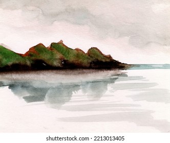 Mountains reflected in water - a beautiful lake and mountains in the long distance view landscape scenery created in watercolor an original handmade painting - Powered by Shutterstock