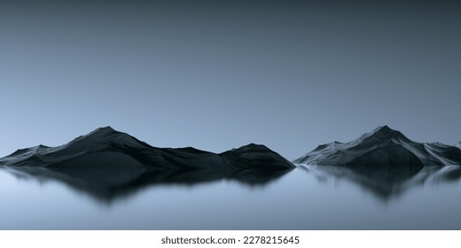 Mountains with reflection from water abstraction minimalism landscape. Mountains on a blue-turquoise background.Relief stone peaks among the water. 3D render.