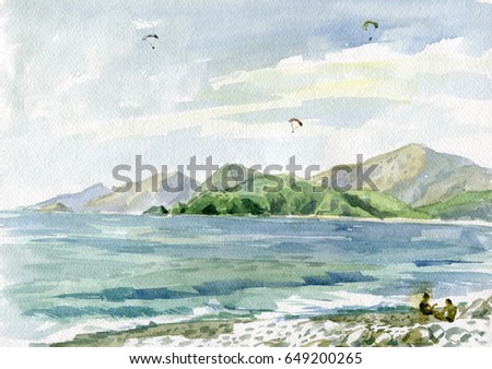 Mountains and sea watercolor