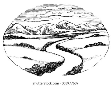 Mountains And Valley With River Landscape, Ink Drawing