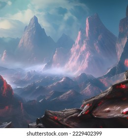 Mountais in space and puffy clouds