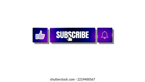 Mouse Clicking Like Button, Subscribe Button And Bell Notification In Blue And Purple Colors. Social Media Interface. Illustration Isolated On White Background