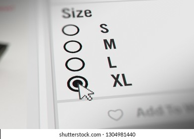 Mouse Cursor Choosing Clothing size Options "XL" on Online Shopping Site 3D illustration

