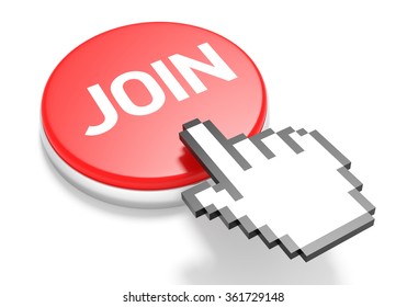 Mouse Hand Cursor on Red Join Button. 3D Illustration.