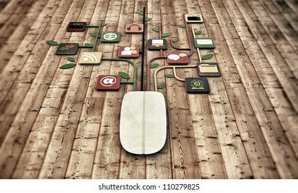 mouse with media connections on wooden parquet