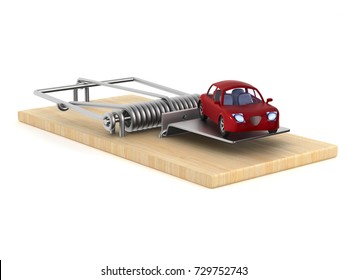 Mousetrap And Car On White Background. Isolated 3D Illustration