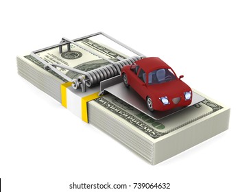 Mousetrap And Car On White Background. Isolated 3D Illustration