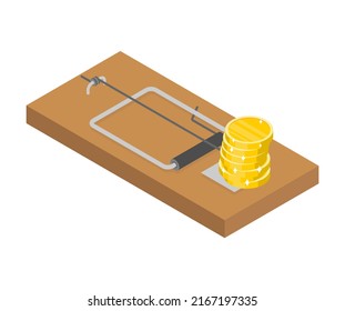 Mousetrap And Money. Mouse Trap And Gold Coin. Concept Business Deception
