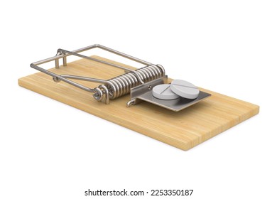 mousetrap and tablets on white background. Isolated 3D illustration